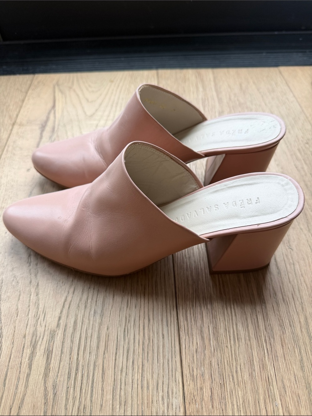 Freda Salvador Blush Pink Leather Block Heel Mules